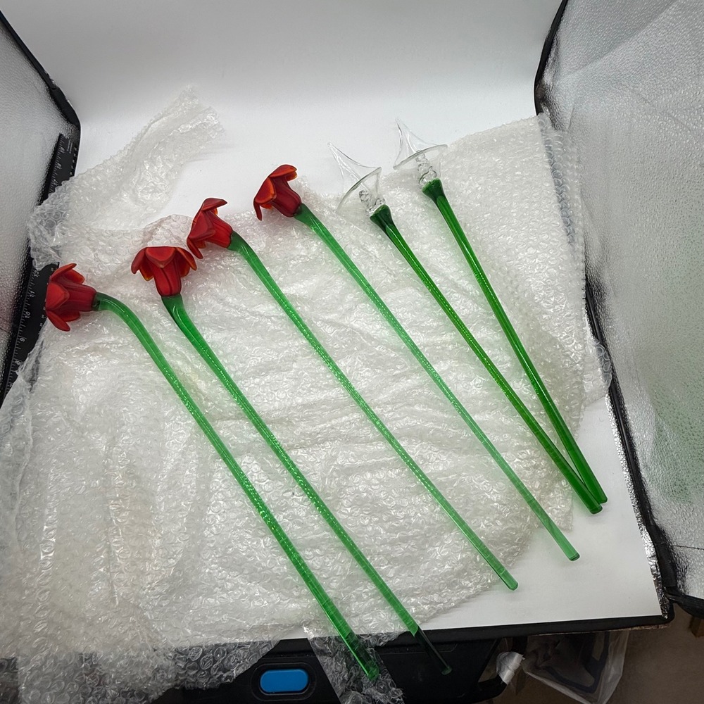 6pc Hand Blown Glass Red Flowers & Clear Calla Lily Set